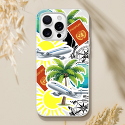 Transparent iPhone case featuring travel sticker collage with palm trees, airplanes, passport, and compass design for urban exploration.