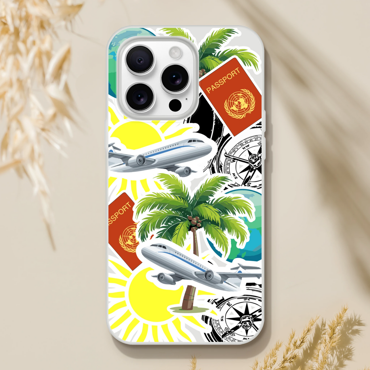 Transparent iPhone case featuring travel sticker collage with palm trees, airplanes, passport, and compass design for urban exploration.