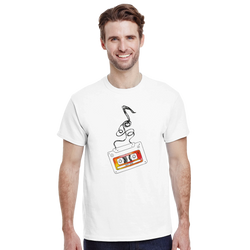Men's white t-shirt featuring a retro 80s cassette tape graphic with unspooling black tape and orange label art.