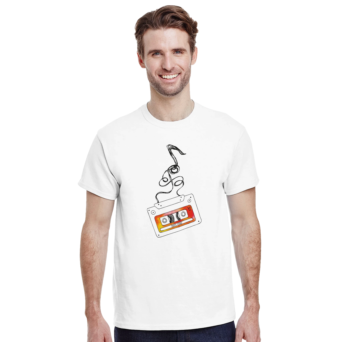 Men's white t-shirt featuring a retro 80s cassette tape graphic with unspooling black tape and orange label art.