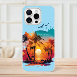 Cute Sunset iPhone Case (13-16) with palm trees at sunset on a blue background, Y2K aesthetic.