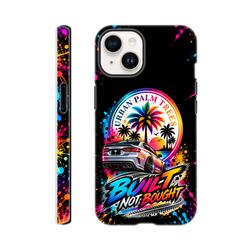 Black iPhone case with neon paint splatter, modified car, Urban Palm Trees graphic, and Built Not Bought text.