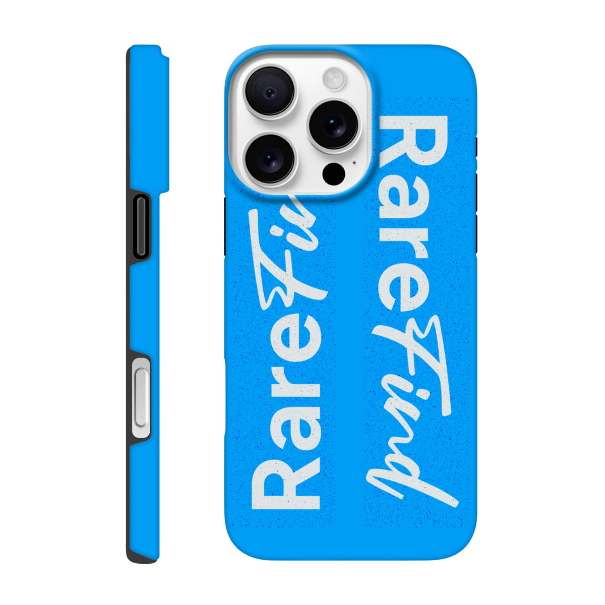Rare Find blue tough iPhone case with bold white slogan text, streetwear style phone cover for iPhone 13-16