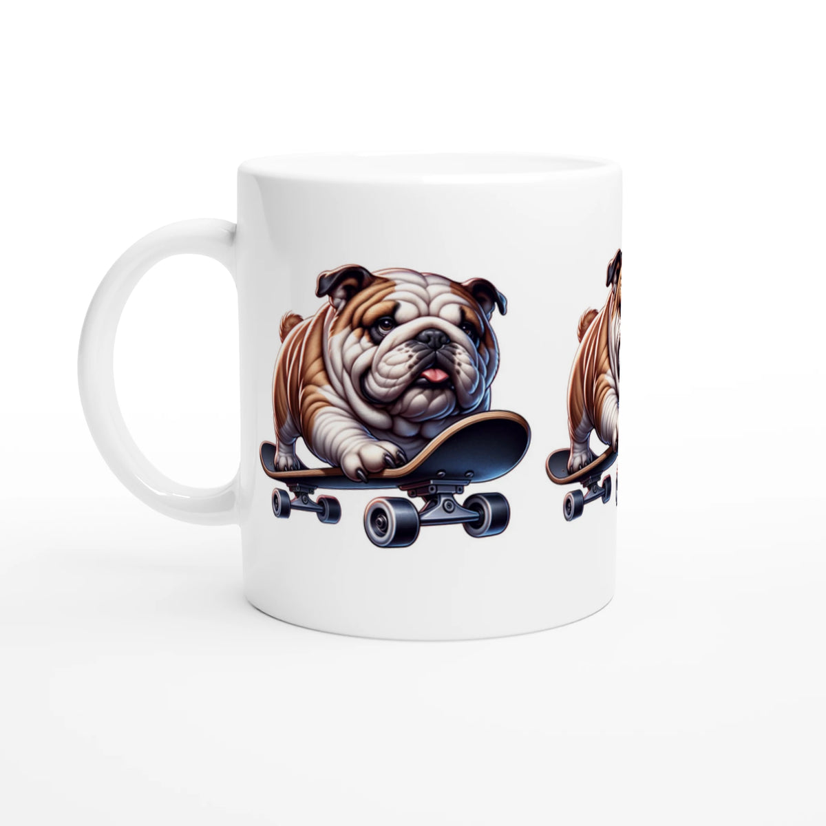 Glossy white ceramic mug featuring a bulldog on a skateboard in a vivid print.