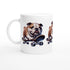 Glossy white ceramic mug featuring a bulldog on a skateboard in a vivid print.