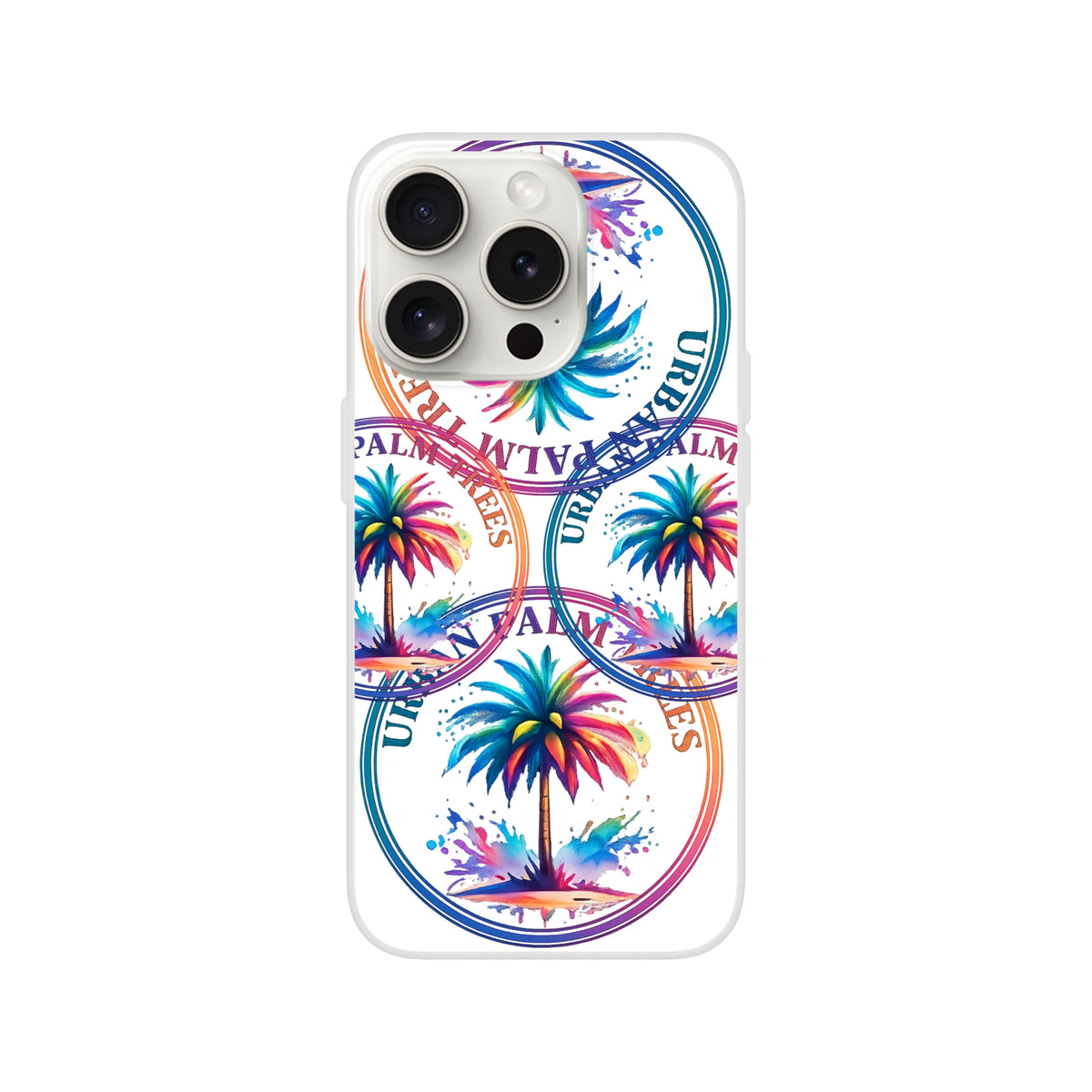 Urban Palm Trees iPhone Case (13-16) with colorful palm trees and retro stamp motif on a matte finish.