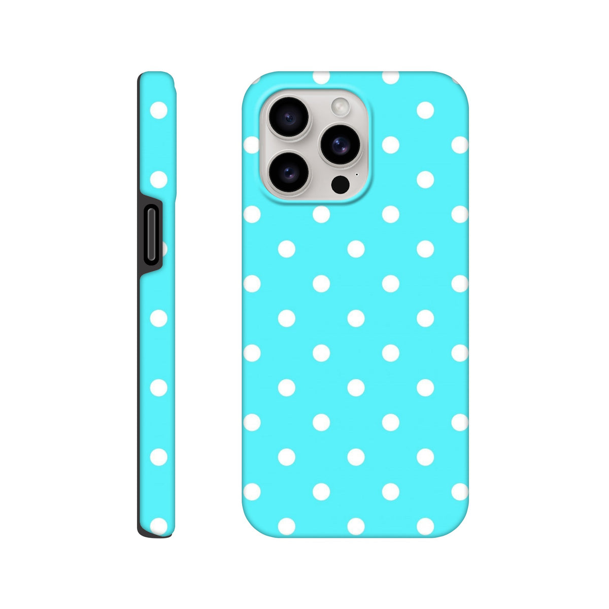 Turquoise and white polka dot tough iPhone case with glossy finish and drop protection for retro style.