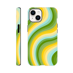 Green and yellow retro wave iPhone case with bold Y2K stripes and wraparound graphic design for tough protection.
