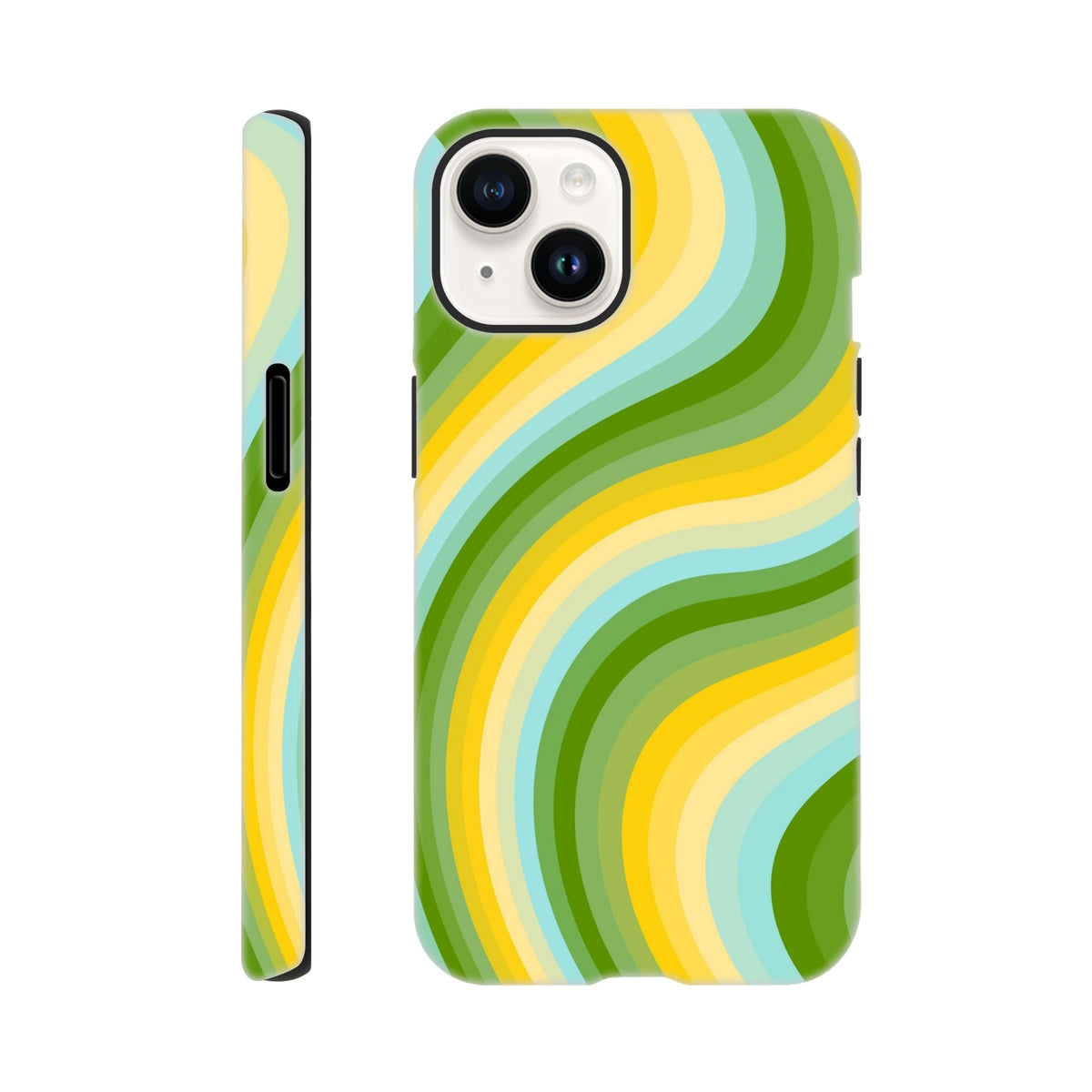 Green and yellow retro wave iPhone case with bold Y2K stripes and wraparound graphic design for tough protection.