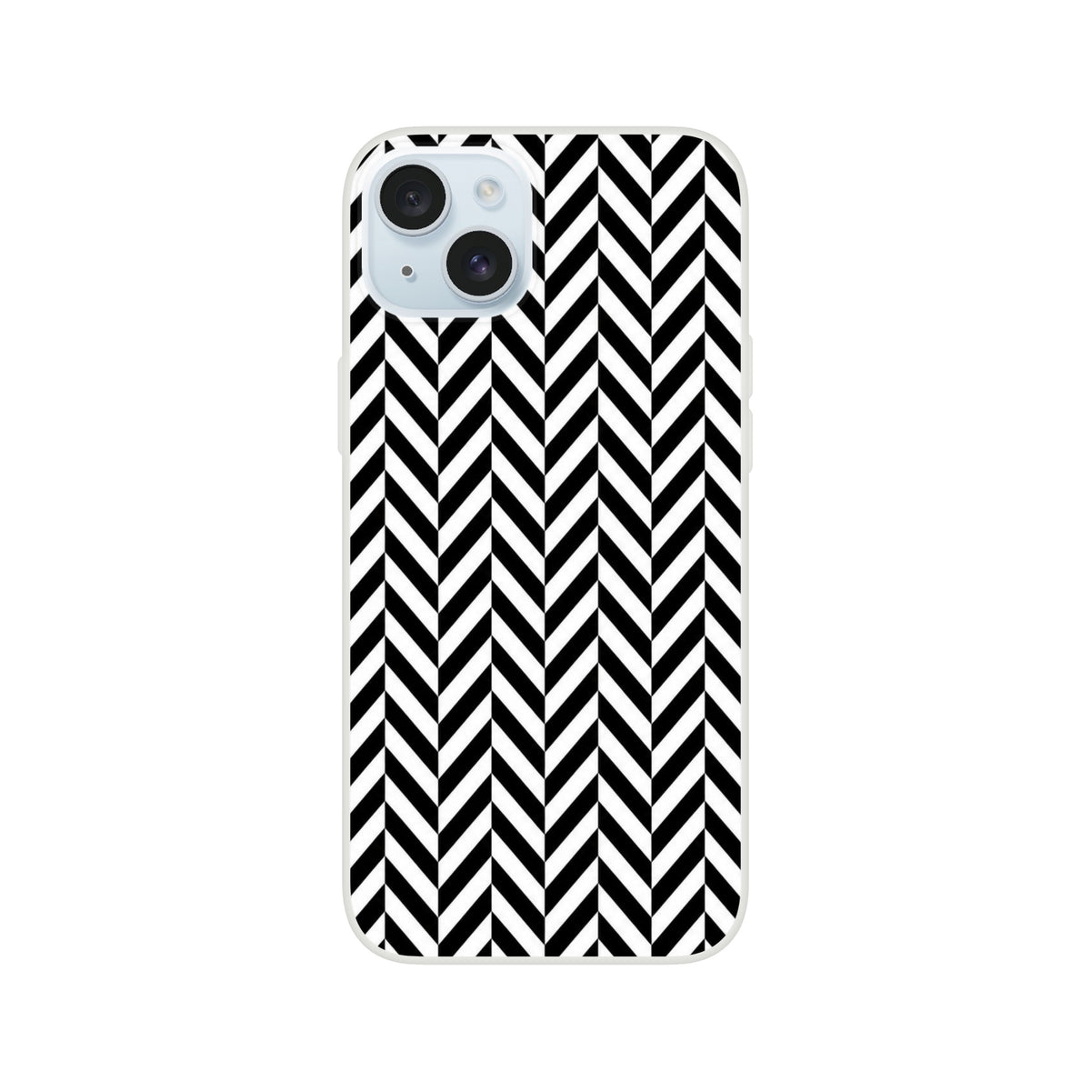 Black and white herringbone iPhone case featuring a bold geometric chevron pattern with shock-absorbing TPU protection for iPhone 13-16.