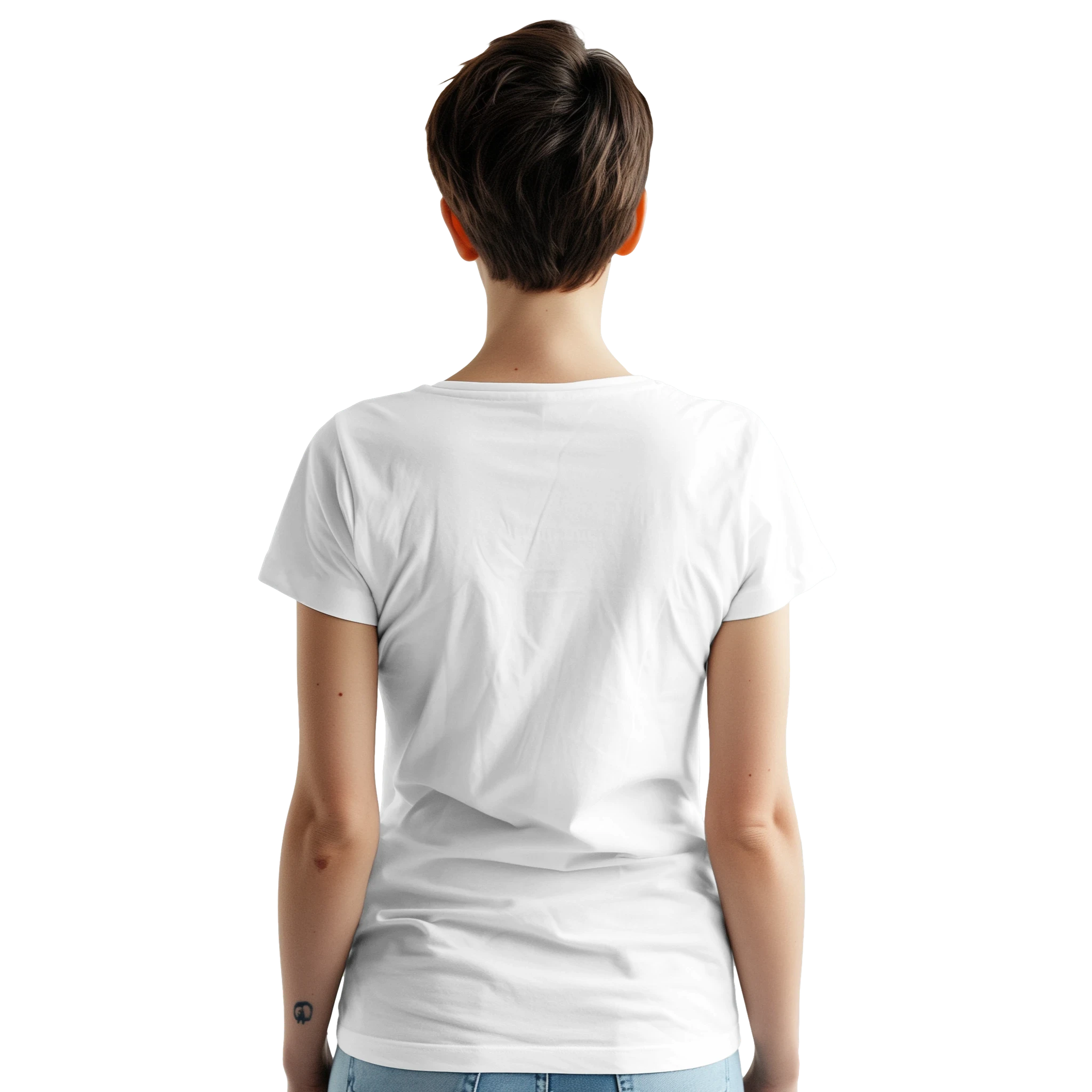 Back view of a person wearing a plain white cotton-blend crew-neck T-shirt.