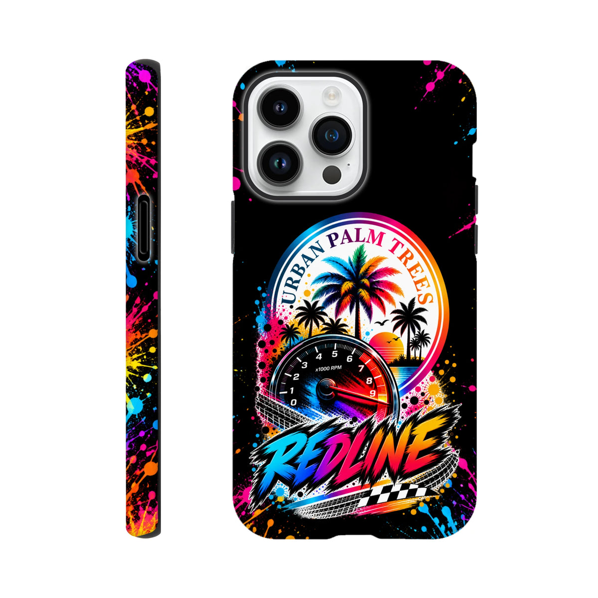 Vibrant Redline iPhone case featuring Urban Palm Trees graphic, tachometer, and colorful paint splatter design with wraparound print.