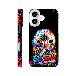 Vibrant iPhone case featuring "Full Send" graffiti, tire tracks, and colorful palm trees on a black splatter background.