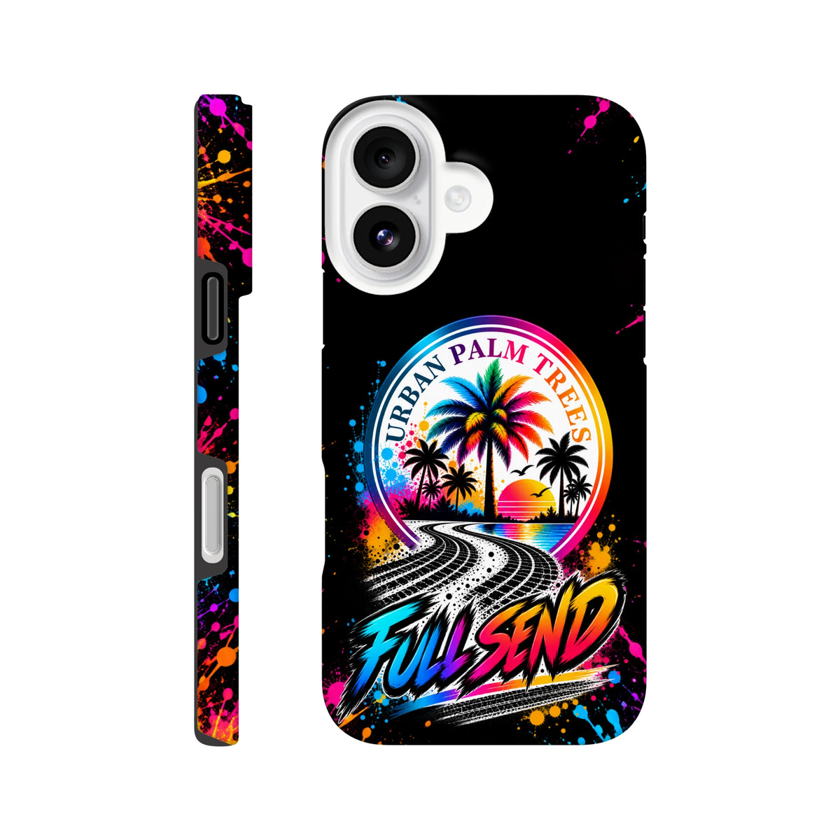 Vibrant iPhone case featuring "Full Send" graffiti, tire tracks, and colorful palm trees on a black splatter background.