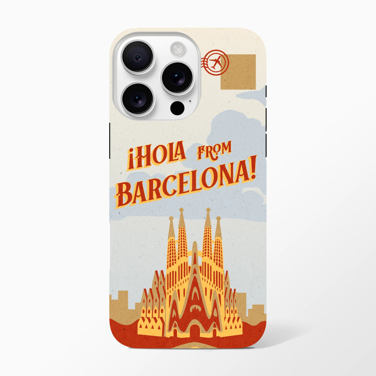 Barcelona travel postcard wraparound iPhone case for iPhone 13–16, Spain, featuring Sagrada Família towers.