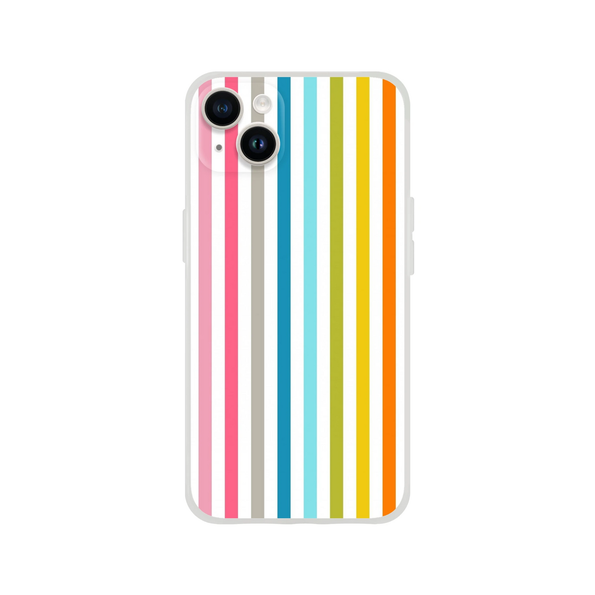 Pastel rainbow stripe iPhone case for 13-16 with frosty transparent shell and bold retro rainbow print
