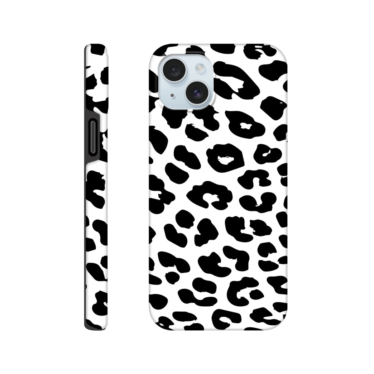 Black and white snow leopard print iPhone case with shock-absorbing side design for daily protection and stylish appeal.
