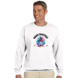 Urban Palm Trees Sweatshirt for Men with colorful palm tree graphic on white jumper, retro streetwear vibe.