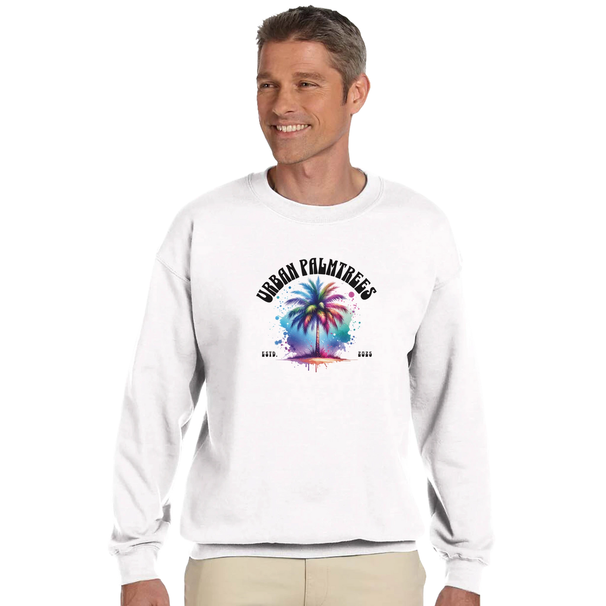 Urban Palm Trees Sweatshirt for Men with colorful palm tree graphic on white jumper, retro streetwear vibe.