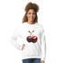 Cherries Jumper: women's graphic sweatshirt in soft 50/50 cotton-poly blend with cherry print on white.
