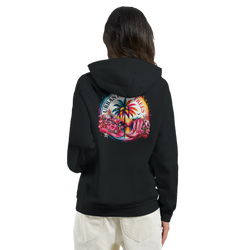 Black hoodie featuring a retro tropical back print with pink cowboy boots, hat, and palm tree sunset graphic.