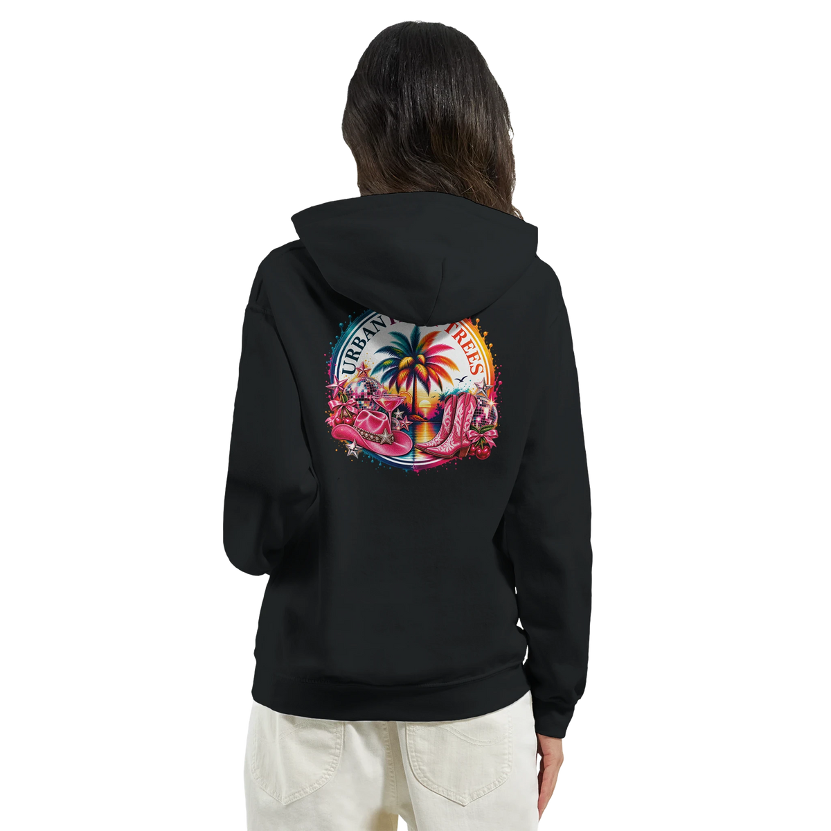 Black hoodie featuring a retro tropical back print with pink cowboy boots, hat, and palm tree sunset graphic.