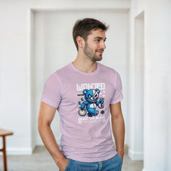 Male model wearing a pink teddy bear graphic tee with a blue bear and WANTED print, soft cotton blend.