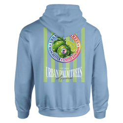 Back of light blue hoodie featuring retro lime graphic with green stripes and Urban Palm Trees text.