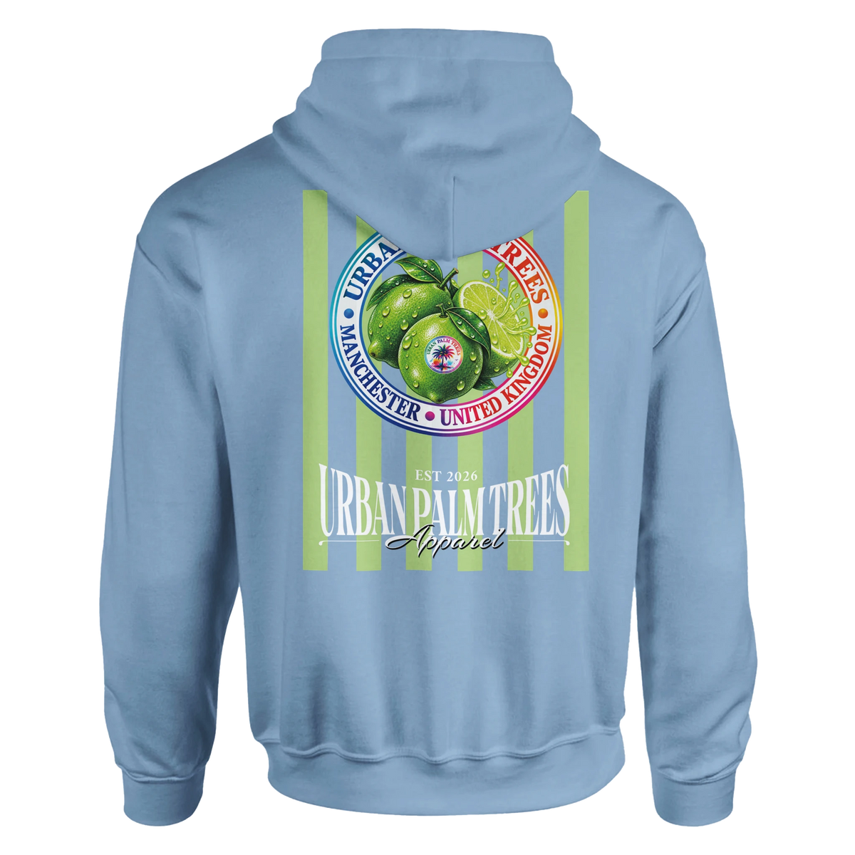 Back of light blue hoodie featuring retro lime graphic with green stripes and Urban Palm Trees text.
