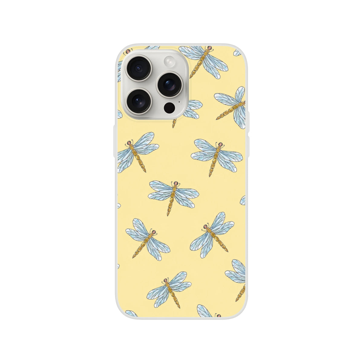Yellow dragonfly-pattern iPhone case for 13-16, slim shell with bold blue dragonfly prints.