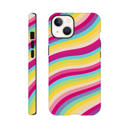 Rainbow wave tough iPhone case with retro stripes. Shock-absorbing TPU cover featuring vivid, scuff-resistant colorful wavy pattern for daily protection.