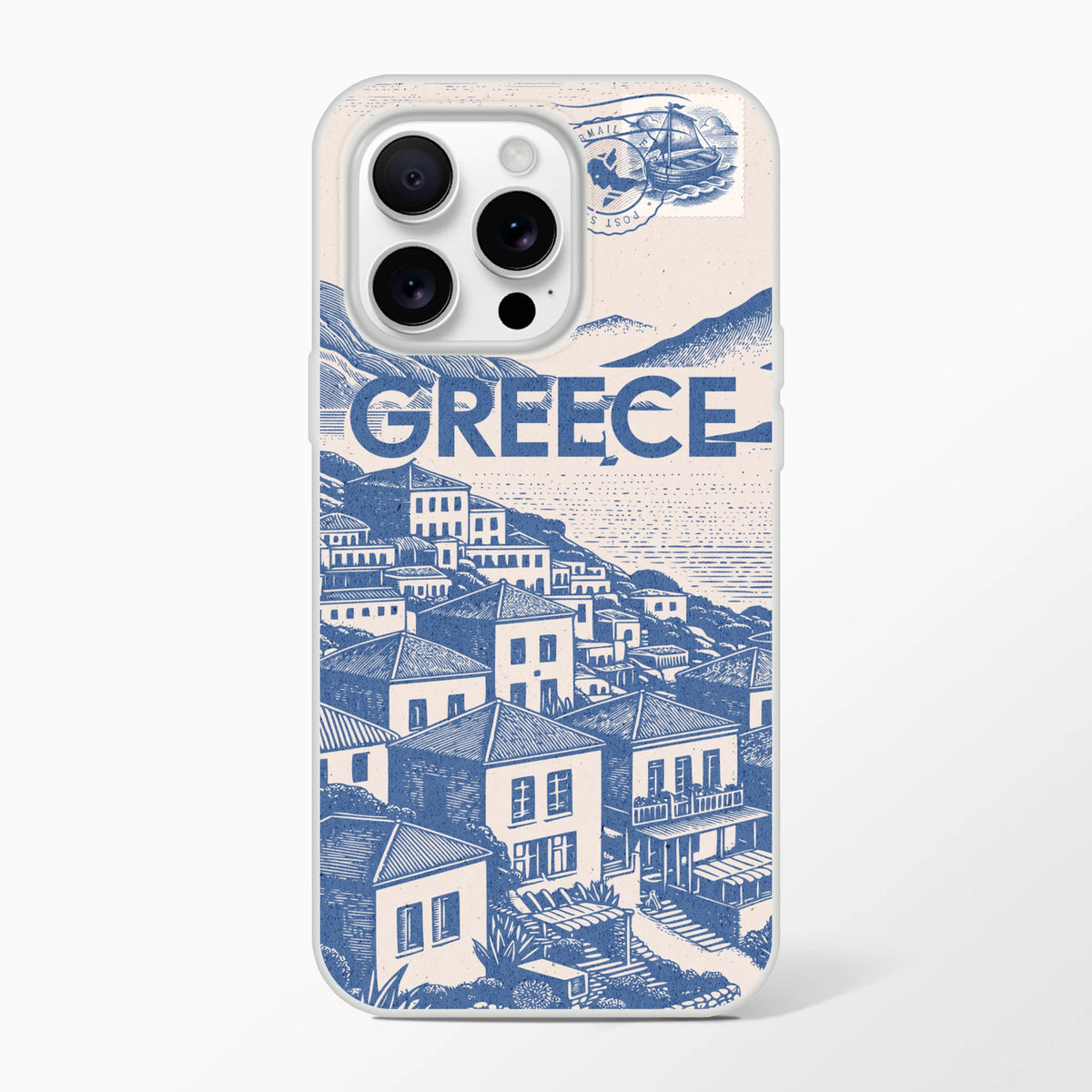 Vintage Greece postcard iPhone case with blue coastal town illustration on beige background.