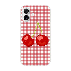 Cute Cherry Gingham iPhone Case (13-16) with red cherries on gingham, Coquette aesthetic.