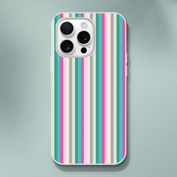 Pastel Stripe iPhone case for 13–16 with vertical multicolor stripes on white bumper.