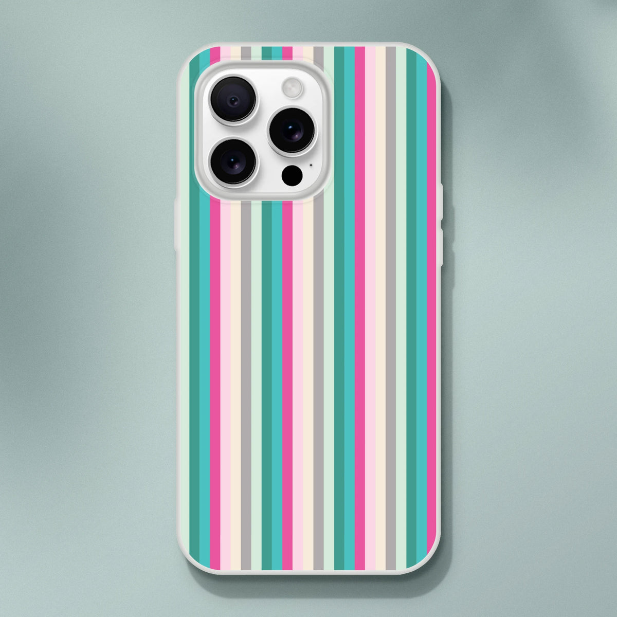 Pastel Stripe iPhone case for 13–16 with vertical multicolor stripes on white bumper.
