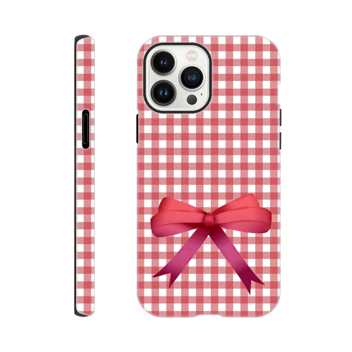 Red gingham iPhone case featuring a pink coquette bow print, designed for tough protection on iOS 13-16 devices.