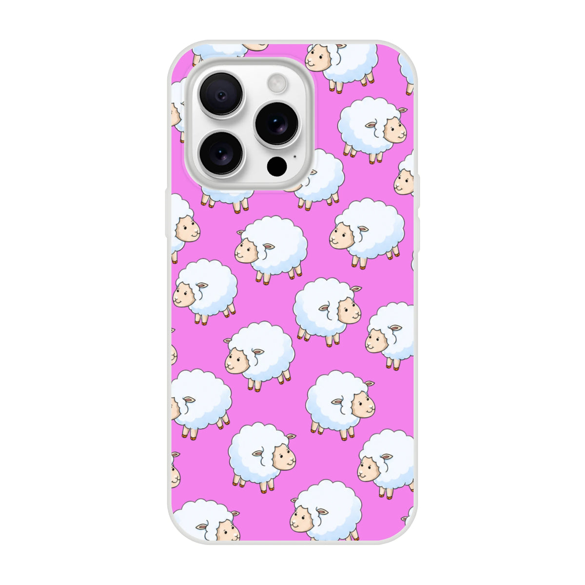 Pink kawaii sheep pattern on a slim matte iPhone case for 13-16, three-camera cutout.