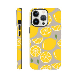 Cute yellow lemon tough iPhone case with citrus pattern and durable drop guard handle for city life.
