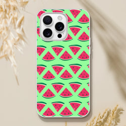Cute watermelon pattern iPhone case on light green background. Summer fruit design phone cover compatible with iPhone 13-16.