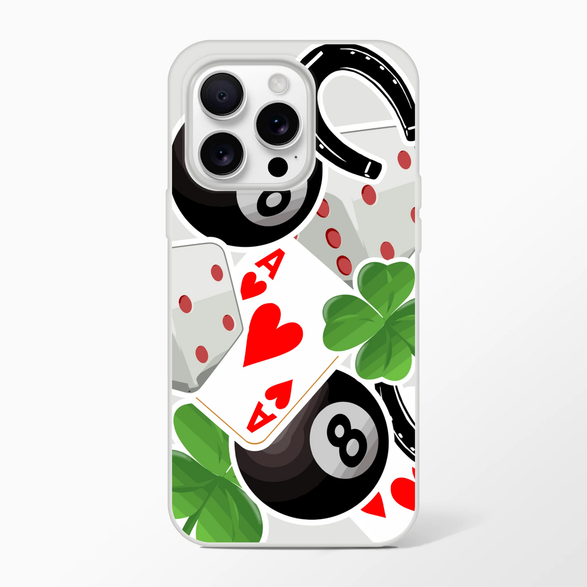 Transparent iPhone case featuring Lucky Charm design with Ace of Hearts, 8 Ball, horseshoe, and four-leaf clover graphics.
