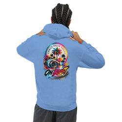 Blue On Boost car hoodie featuring colorful turbo and palm tree graphic. Petrolhead streetwear sweatshirt for men.