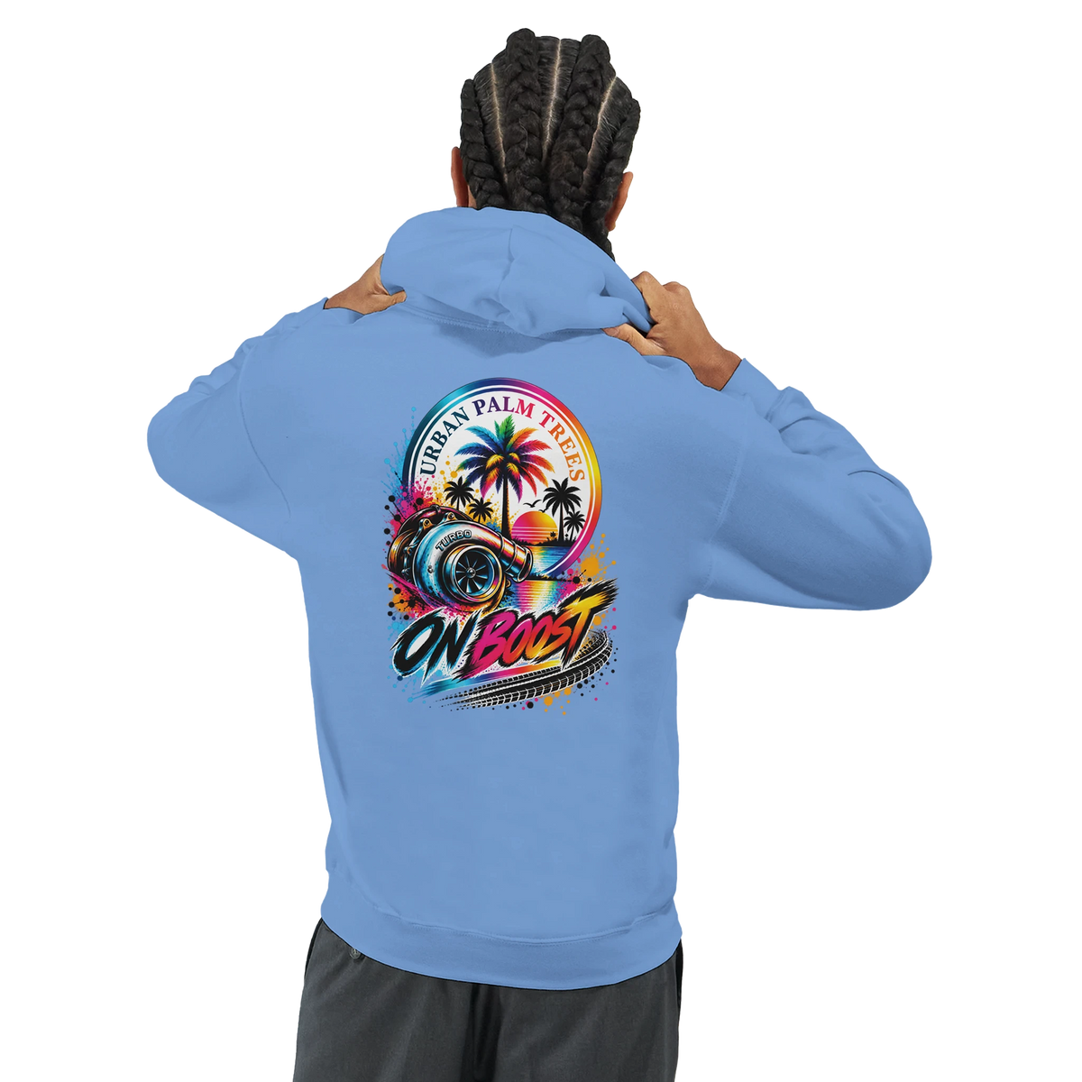 Blue On Boost car hoodie featuring colorful turbo and palm tree graphic. Petrolhead streetwear sweatshirt for men.
