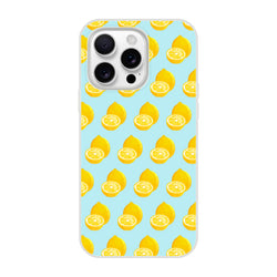 Cute pastel blue iPhone case featuring a yellow lemon pattern. Summer fruit TPU phone cover for 13-16 models.