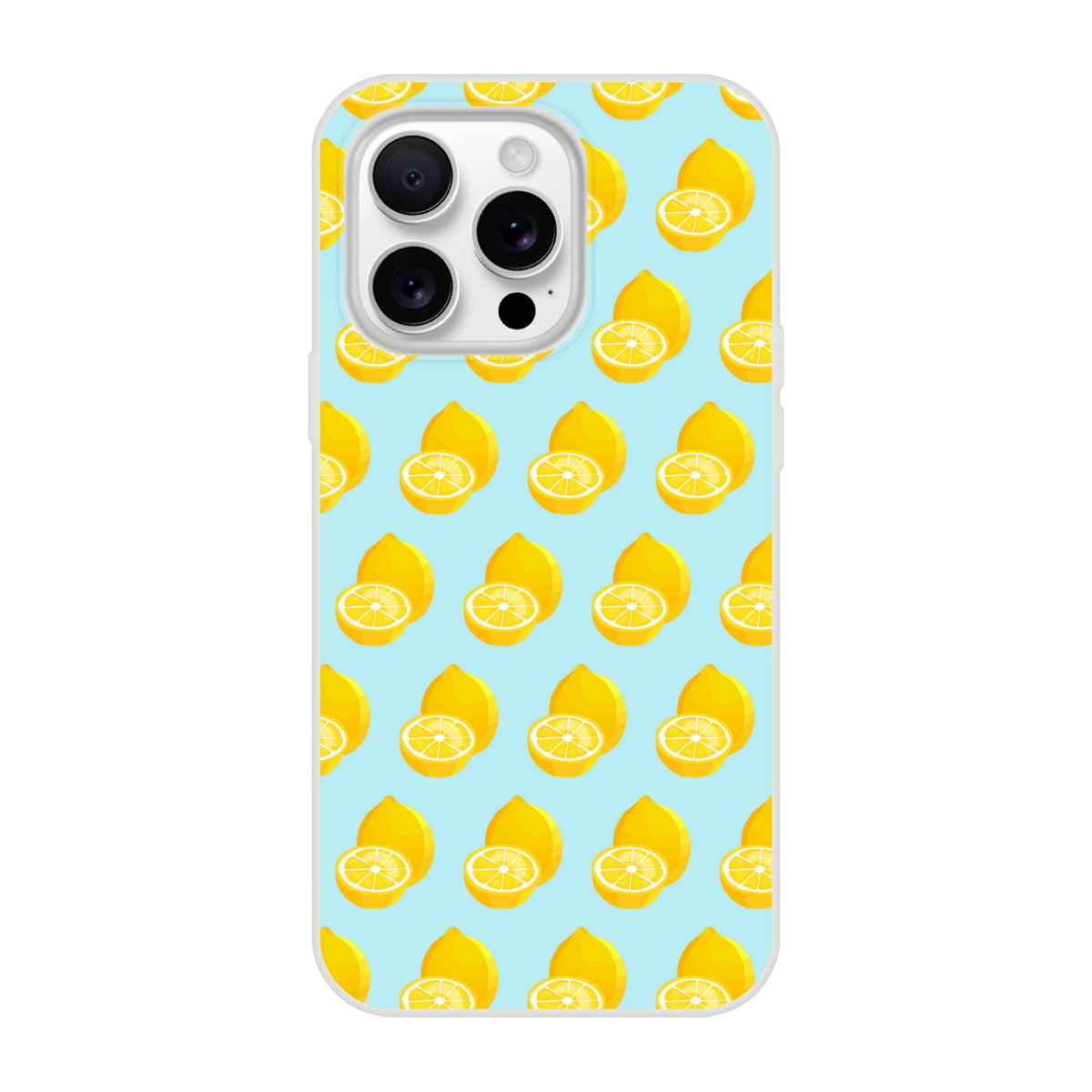 Cute pastel blue iPhone case featuring a yellow lemon pattern. Summer fruit TPU phone cover for 13-16 models.