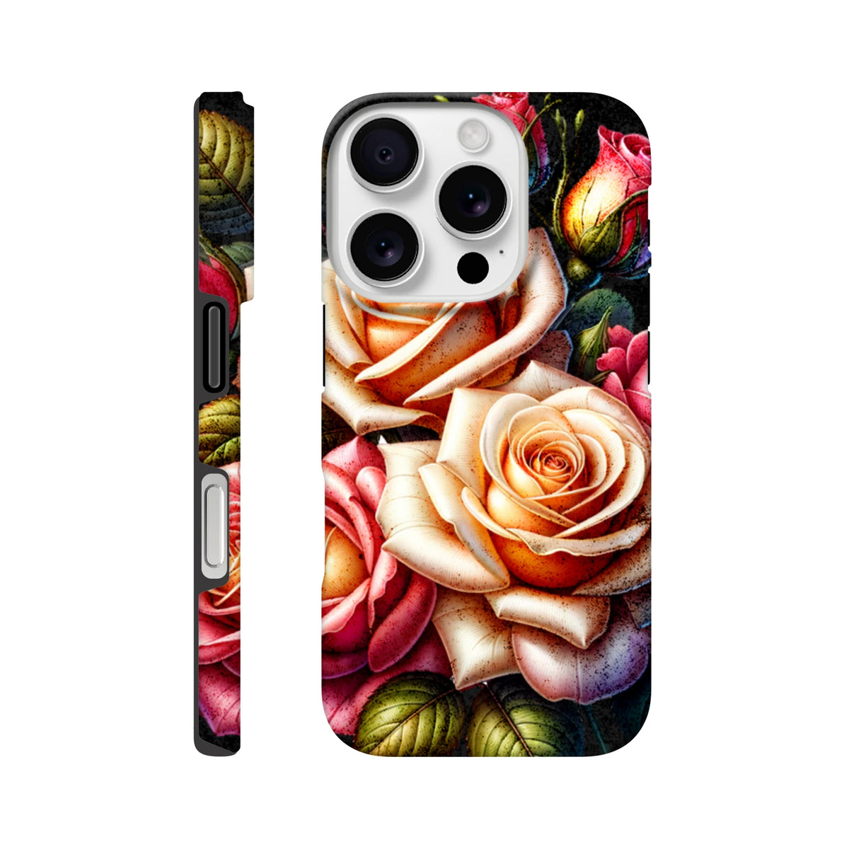 Tough rose garden floral iPhone case featuring romantic botanical motifs, reinforced corners, and clear lens cutouts for iPhone 13-16.