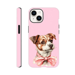 Pink tough iPhone case featuring a cute dog portrait wearing a floral pink bow tie, offering shock-absorbent protection for daily use.