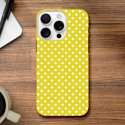 Yellow and white polka dot tough iPhone case for models 13-16. Vintage-inspired TPU design with impact absorption and precise button alignment.