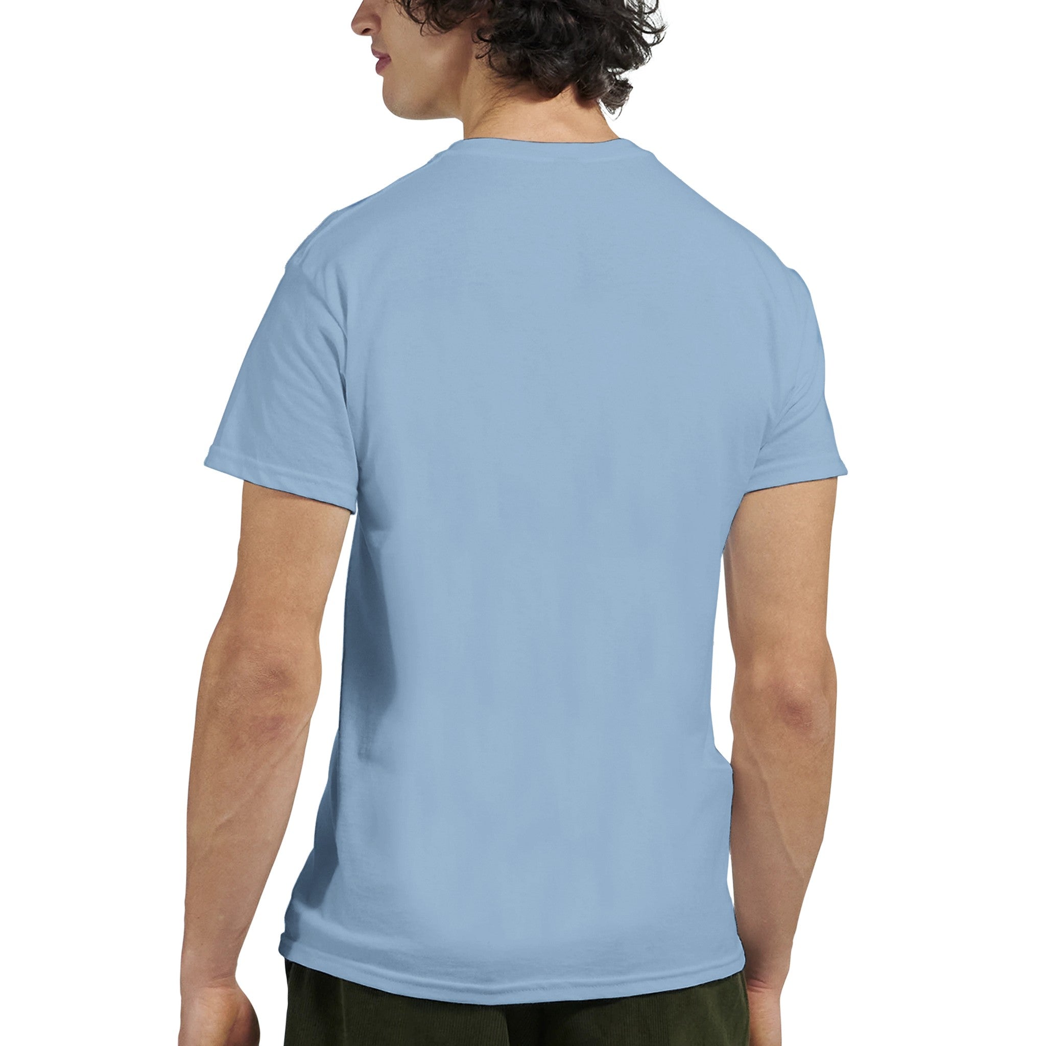 Light blue Japanese men's graphic T-shirt back view, soft cotton blend, crew neck.