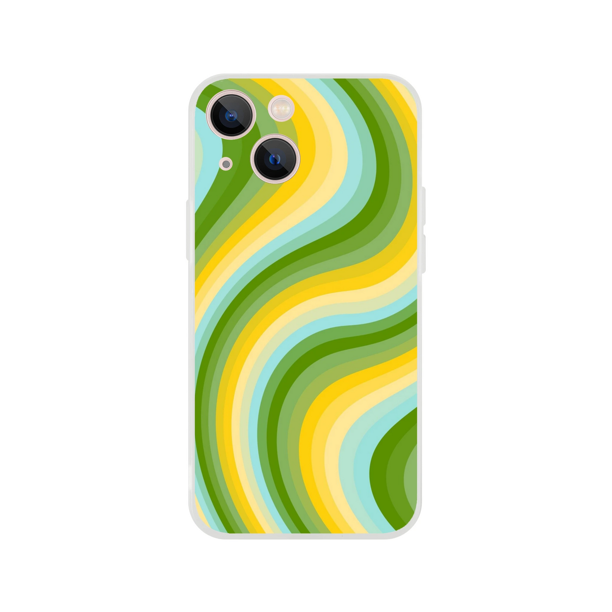 Retro Green & Yellow Wave iPhone Case (13-16) with groovy Y2K swirl, slim matte shell.