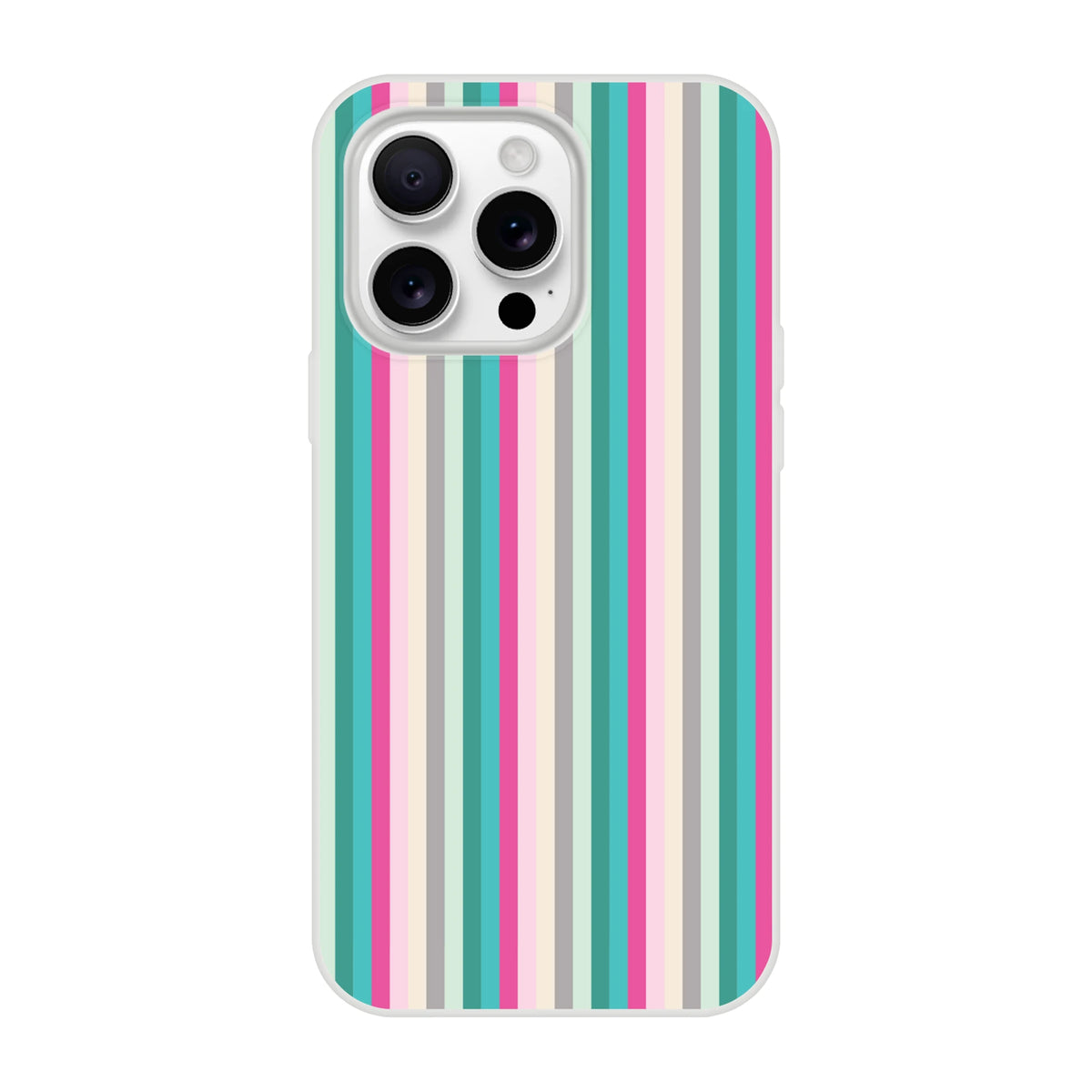 Pastel stripe iPhone case for iPhone 13-16 with colorful vertical stripes in teal, pink, beige, and gray